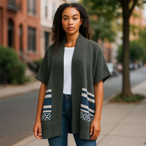 Autumn Cashmere Oversized Short Sleeve Cardigan Sweater Womens OS Olive Bohemian - Picture 1 of 9